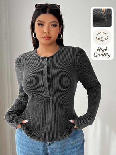 GalTyme Plus Size Women's Vintage Distressed Acid Wash Crew Neck Half-Zip Long Sleeve T-Shirt, Autumn/Winter Fall