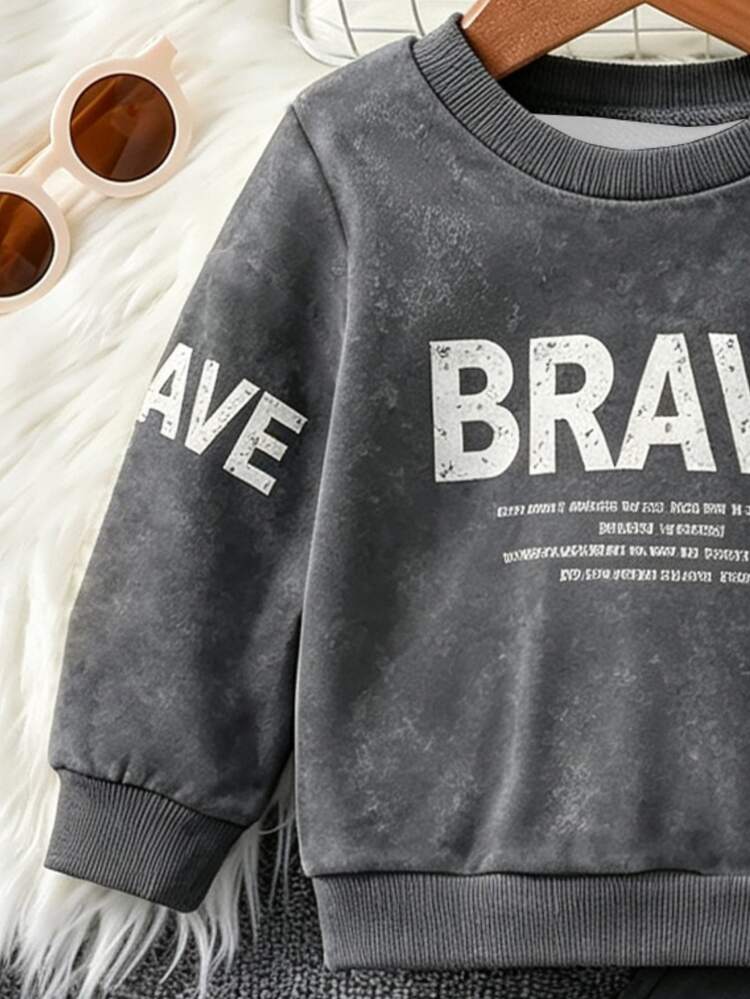 Baby Boys Dark Gray Sports Set, Stylish BRAVE Letter Crew Neck Sweatshirt And Pants, Autumn/Winter, Suitable For Outdoor And Street Wear - Multicolor - View 3