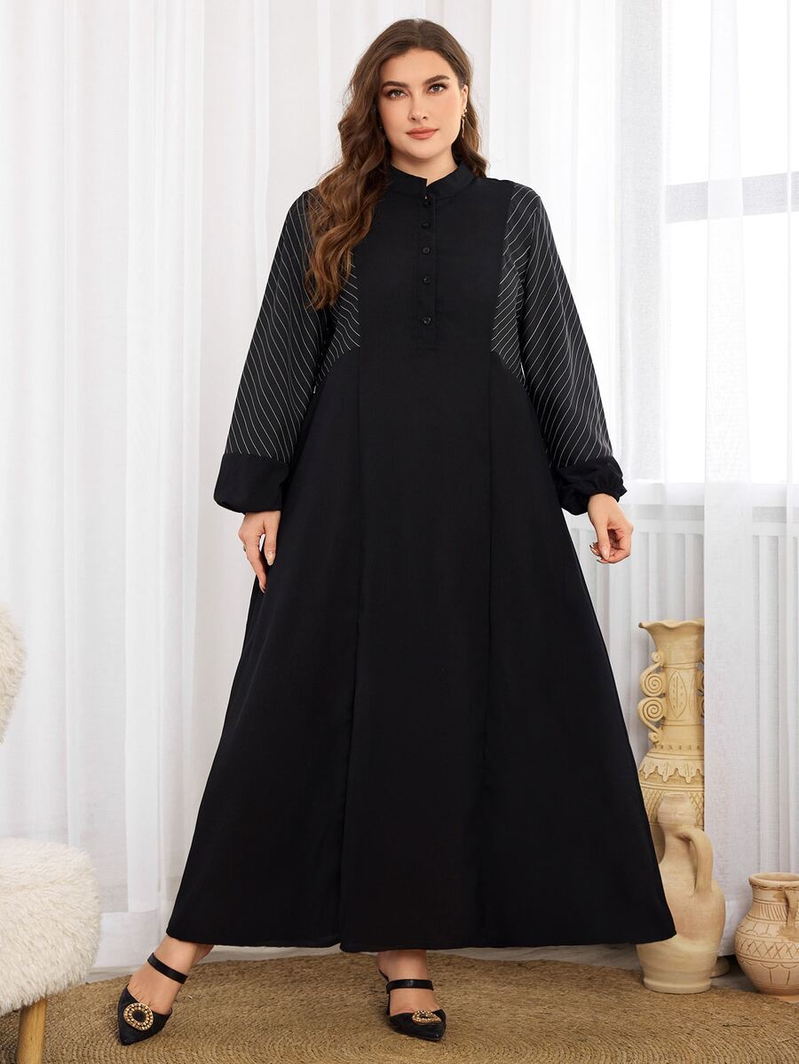 Al Najma 大码女式纯色简约阿拉伯风格连衣裙,休闲朴素长袖阿巴雅阿拉伯连衣裙,适合日常休闲 - 黑色 - 查看 1