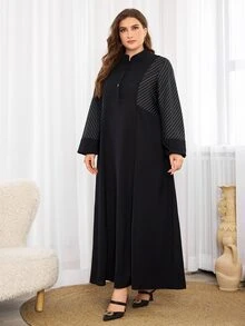 Al Najma 大码女式纯色简约阿拉伯风格连衣裙，休闲朴素长袖阿巴雅阿拉伯连衣裙，适合日常休闲 - 黑色 - 查看 5