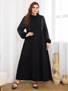 Al Najma 大码女式纯色简约阿拉伯风格连衣裙，休闲朴素长袖阿巴雅阿拉伯连衣裙，适合日常休闲 - 黑色 - 查看 6