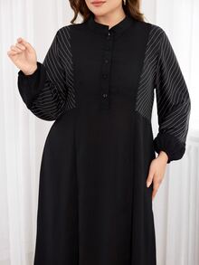 Al Najma 大码女式纯色简约阿拉伯风格连衣裙，休闲朴素长袖阿巴雅阿拉伯连衣裙，适合日常休闲 - 黑色 - 查看 4
