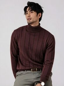 Manfinity CasualKnits 男士純棉高領長袖休閒百搭毛衣 正式商務晚餐款 酒紅色 秋季 - 彩色 - 查看 1