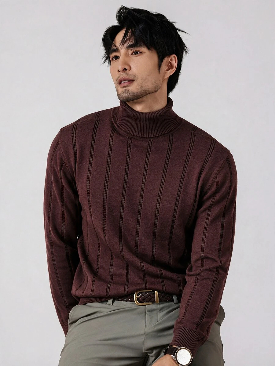 Manfinity CasualKnits 男士純棉高領長袖休閒百搭毛衣 正式商務晚餐款 酒紅色 秋季 - 彩色 - 查看 1
