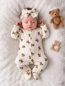 SHEIN 女嬰 2 件套服裝，熊圖案長袖連身衣蝴蝶結髮帶嬰兒衣飾套裝，家庭配色棕色與白色波點秋季款 - 杏色 - 查看 5