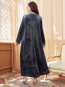 Al Najma 大码女式休闲天鹅绒 V 领蕾丝边长袖宽松连衣裙，适合秋冬季，休闲适中的长款 Jalabiya 阿拉伯连衣裙，适合日常休闲，长袍 - 霧霾藍 - 查看 2