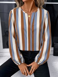 SHEIN LUNE Casual Minimalist Colorblock Striped Business Women's Shirt Suitable For Autumn/Winter - Multicolor - View 4