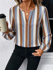 SHEIN LUNE Casual Minimalist Colorblock Striped Business Women's Shirt Suitable For Autumn/Winter - Multicolor - View 3