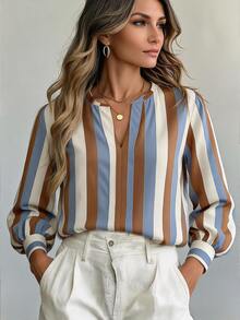 SHEIN LUNE Casual Minimalist Colorblock Striped Business Women's Shirt Suitable For Autumn/Winter - Multicolor - View 9