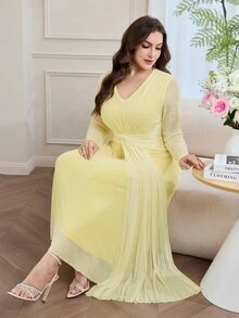 Modelyn 春夏优雅修身针织纹理网纱拼接收腰A字长袖大码女装连衣裙 - 黃色 - 查看 7