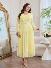 Modelyn 春夏优雅修身针织纹理网纱拼接收腰A字长袖大码女装连衣裙 - 黃色 - 查看 6