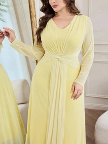 Modelyn 春夏优雅修身针织纹理网纱拼接收腰A字长袖大码女装连衣裙 - 黃色 - 查看 4