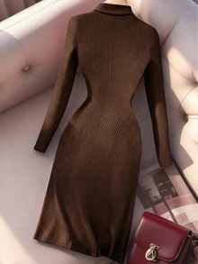 Franclia 女款純色金屬裝飾休閒派對中長洋裝 - 咖啡棕 - 查看 2