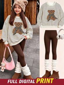 Tween Girls Striped Bear Print Crew Neck Sweatshirt Set, Personalized Striped Bear Print Set, Personalized Sweatshirt, Suitable For Autumn/Winter, Daily Wear, Casual Styling, Energetic Outfit, Casual Outing, Basic Style, Comfortable And Easy To Wear, Everyday Casual - Multicolor - View 1