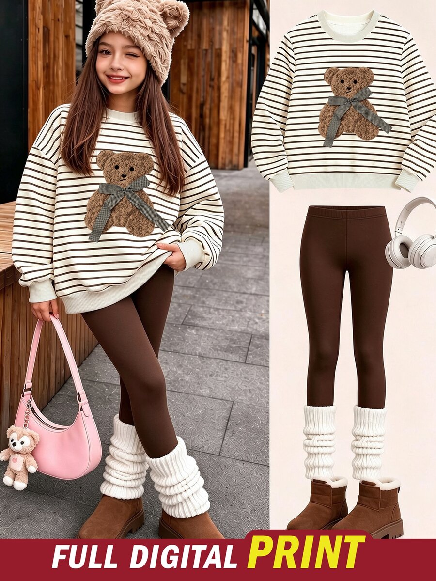 Tween Girls Striped Bear Print Crew Neck Sweatshirt Set, Personalized Striped Bear Print Set, Personalized Sweatshirt, Suitable For Autumn/Winter, Daily Wear, Casual Styling, Energetic Outfit, Casual Outing, Basic Style, Comfortable And Easy To Wear, Everyday Casual - Multicolor - View 1
