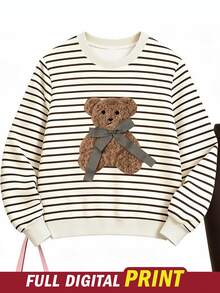 Tween Girls Striped Bear Print Crew Neck Sweatshirt Set, Personalized Striped Bear Print Set, Personalized Sweatshirt, Suitable For Autumn/Winter, Daily Wear, Casual Styling, Energetic Outfit, Casual Outing, Basic Style, Comfortable And Easy To Wear, Everyday Casual - Multicolor - View 4