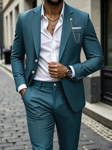 Manfinity Mode Men's Fashion Notch Lapel Chain Decor Business Slim Fit 2 Pieces Suit Set, Formal, Old Money - Dark Green - View 1