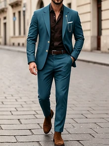 Manfinity Mode Men's Fashion Notch Lapel Chain Decor Business Slim Fit 2 Pieces Suit Set, Formal, Old Money - Dark Green - View 5