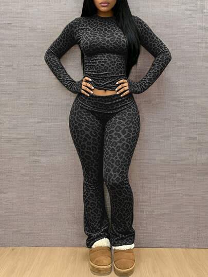 INAWLY Solva Women's Leopard Print Round Neck Long Sleeve Top & Pants Fashion Slim Fit 2 Pieces Set