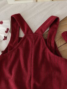 SHEIN 2件組幼兒女嬰心形荷葉邊上衣燈芯絨吊帶褲，可愛甜美酒紅色鈕扣長袖圓領，生日派對秋季聖誕穿搭 - 酒紅色 - 查看 7