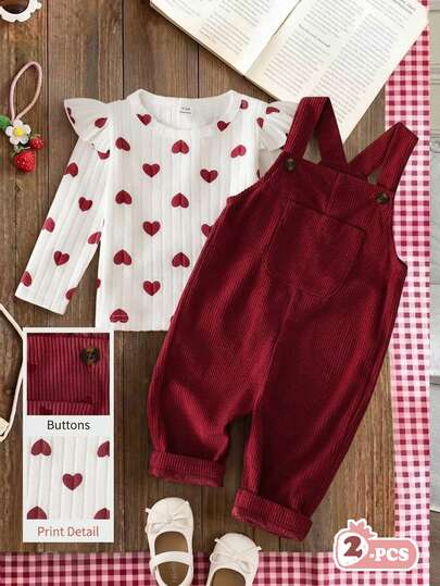 SHEIN Vintaside Kids قطعتان من ملابس الأطفال الصغار للبنات، توب مزركش بقلب مع بنطلون كوردروي بأزرار، لطيف وحلو باللون الأحمر البرغندي، أكمام طويلة وياقة دائرية، لحفلات أعياد الميلاد والخريف والكريسماس