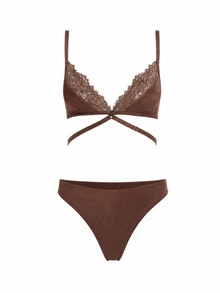 MISSGUIDED Satin And Lace Triangle Bralette With Strappy Waist Detail And Adjustable Shoulder Straps Lingerie Valentine - Chocolate Brown - View 1