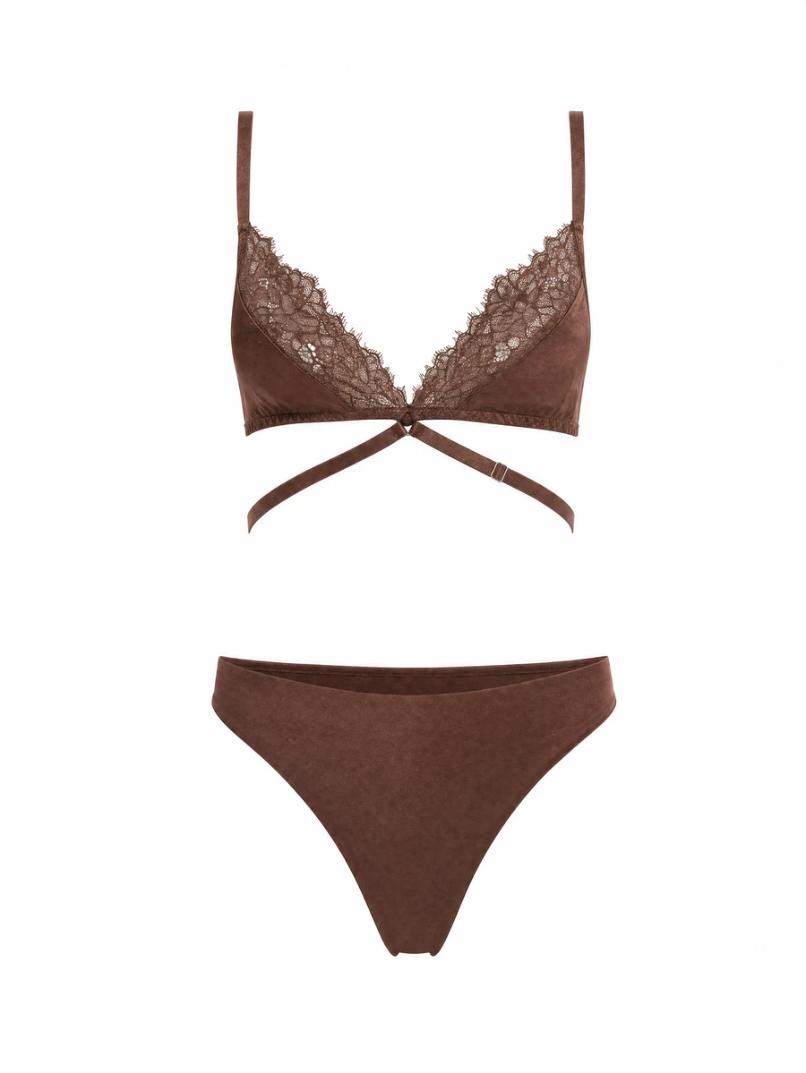 MISSGUIDED Satin And Lace Triangle Bralette With Strappy Waist Detail And Adjustable Shoulder Straps Lingerie Valentine - Chocolate Brown - View 1