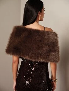 SHEIN Women's Solid Color Fashion Winter Faux Fox Fur Shawl Coat - Coffee Brown - View 2