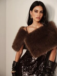 SHEIN Women's Solid Color Fashion Winter Faux Fox Fur Shawl Coat - Coffee Brown - View 7