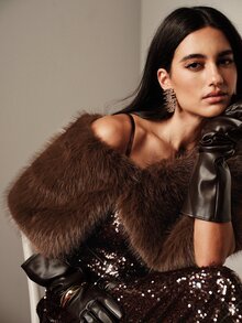 SHEIN Women's Solid Color Fashion Winter Faux Fox Fur Shawl Coat - Coffee Brown - View 3