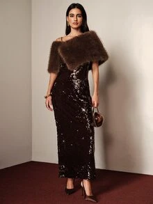 SHEIN Women's Solid Color Fashion Winter Faux Fox Fur Shawl Coat - Coffee Brown - View 6