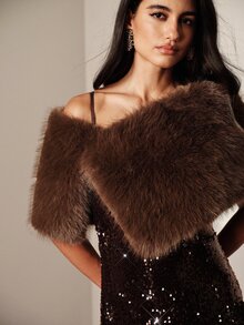 SHEIN Women's Solid Color Fashion Winter Faux Fox Fur Shawl Coat - Coffee Brown - View 5