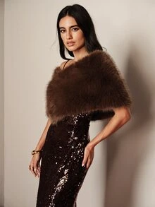 SHEIN Women's Solid Color Fashion Winter Faux Fox Fur Shawl Coat - Coffee Brown - View 4