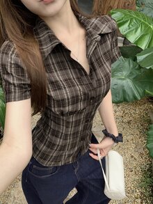 DAZY 女款純色領口修身短袖白色襯衫，夏季可愛上衣 - 粉色 - 查看 3