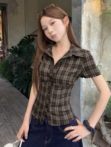DAZY 女款純色領口修身短袖白色襯衫，夏季可愛上衣 - 粉色 - 查看 5