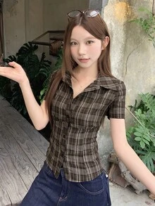 DAZY 女款純色領口修身短袖白色襯衫，夏季可愛上衣 - 粉色 - 查看 6