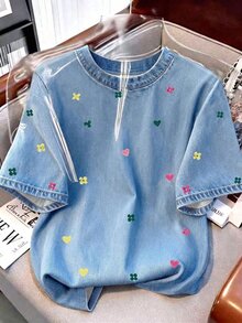 Franclia Women's Casual Floral Embroidered Round Neck T-Shirt - Multicolor - View 3
