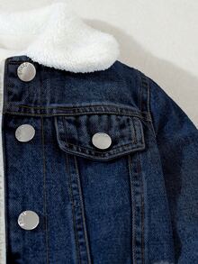 SHEIN Jaket Denim Anak Laki-laki, Musim Gugur/Produk Baru, Biru Muda Pudar, Potongan Longgar, Lapisan Bulu, Modis dan Serbaguna, Pakaian Sehari-hari, Fotografi, Cocok untuk Gaya Koboi - Dark Wash - View 7