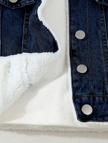 SHEIN Jaket Denim Anak Laki-laki, Musim Gugur/Produk Baru, Biru Muda Pudar, Potongan Longgar, Lapisan Bulu, Modis dan Serbaguna, Pakaian Sehari-hari, Fotografi, Cocok untuk Gaya Koboi - Dark Wash - View 5
