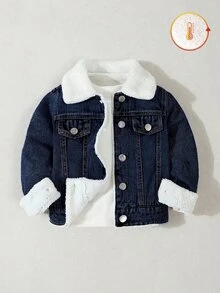 SHEIN Jaket Denim Anak Laki-laki, Musim Gugur/Produk Baru, Biru Muda Pudar, Potongan Longgar, Lapisan Bulu, Modis dan Serbaguna, Pakaian Sehari-hari, Fotografi, Cocok untuk Gaya Koboi - Dark Wash - View 1