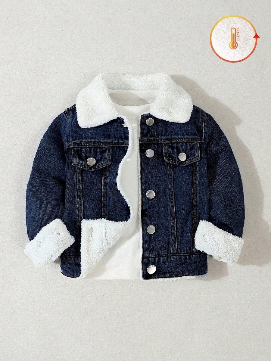 SHEIN Jaket Denim Anak Laki-laki, Musim Gugur/Produk Baru, Biru Muda Pudar, Potongan Longgar, Lapisan Bulu, Modis dan Serbaguna, Pakaian Sehari-hari, Fotografi, Cocok untuk Gaya Koboi - Dark Wash - View 1