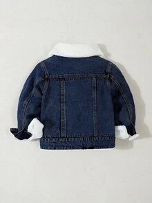 SHEIN Jaket Denim Anak Laki-laki, Musim Gugur/Produk Baru, Biru Muda Pudar, Potongan Longgar, Lapisan Bulu, Modis dan Serbaguna, Pakaian Sehari-hari, Fotografi, Cocok untuk Gaya Koboi - Dark Wash - View 2