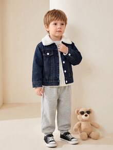 SHEIN Jaket Denim Anak Laki-laki, Musim Gugur/Produk Baru, Biru Muda Pudar, Potongan Longgar, Lapisan Bulu, Modis dan Serbaguna, Pakaian Sehari-hari, Fotografi, Cocok untuk Gaya Koboi - Dark Wash - View 3