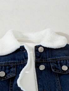 SHEIN Jaket Denim Anak Laki-laki, Musim Gugur/Produk Baru, Biru Muda Pudar, Potongan Longgar, Lapisan Bulu, Modis dan Serbaguna, Pakaian Sehari-hari, Fotografi, Cocok untuk Gaya Koboi - Dark Wash - View 4