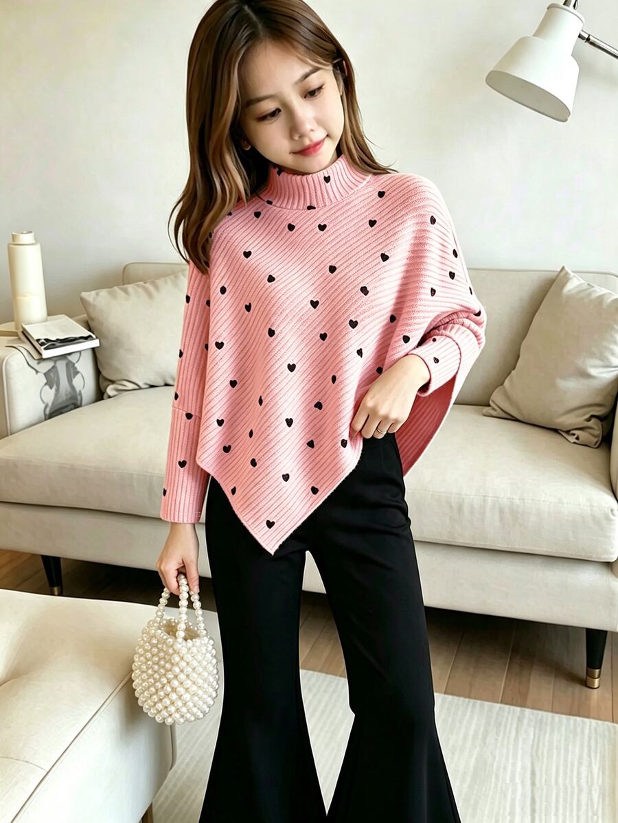 SHEIN Elladie kids 2件組女童甜美優雅日常秋季愛心印花不規則針織上衣喇叭褲套裝 - 粉色 - 查看 1