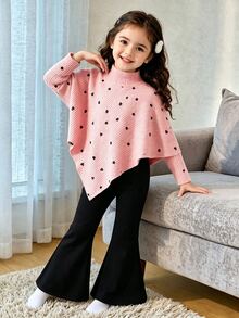 SHEIN Elladie kids 2件組女童甜美優雅日常秋季愛心印花不規則針織上衣喇叭褲套裝 - 粉色 - 查看 3