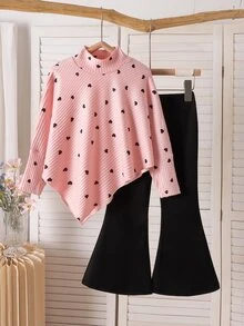 SHEIN Elladie kids 2件組女童甜美優雅日常秋季愛心印花不規則針織上衣喇叭褲套裝 - 粉色 - 查看 4