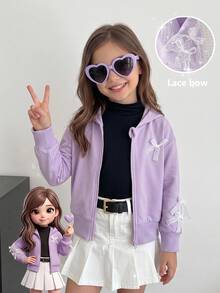 SHEIN 女童蕾絲蝴蝶結裝飾拉鍊連帽外套，休閒長袖羅紋下擺連帽外套，適合女童日常穿著 - 淡紫色 - 查看 4