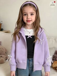 SHEIN 女童蕾絲蝴蝶結裝飾拉鍊連帽外套，休閒長袖羅紋下擺連帽外套，適合女童日常穿著 - 淡紫色 - 查看 2