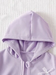 SHEIN 女童蕾絲蝴蝶結裝飾拉鍊連帽外套，休閒長袖羅紋下擺連帽外套，適合女童日常穿著 - 淡紫色 - 查看 8
